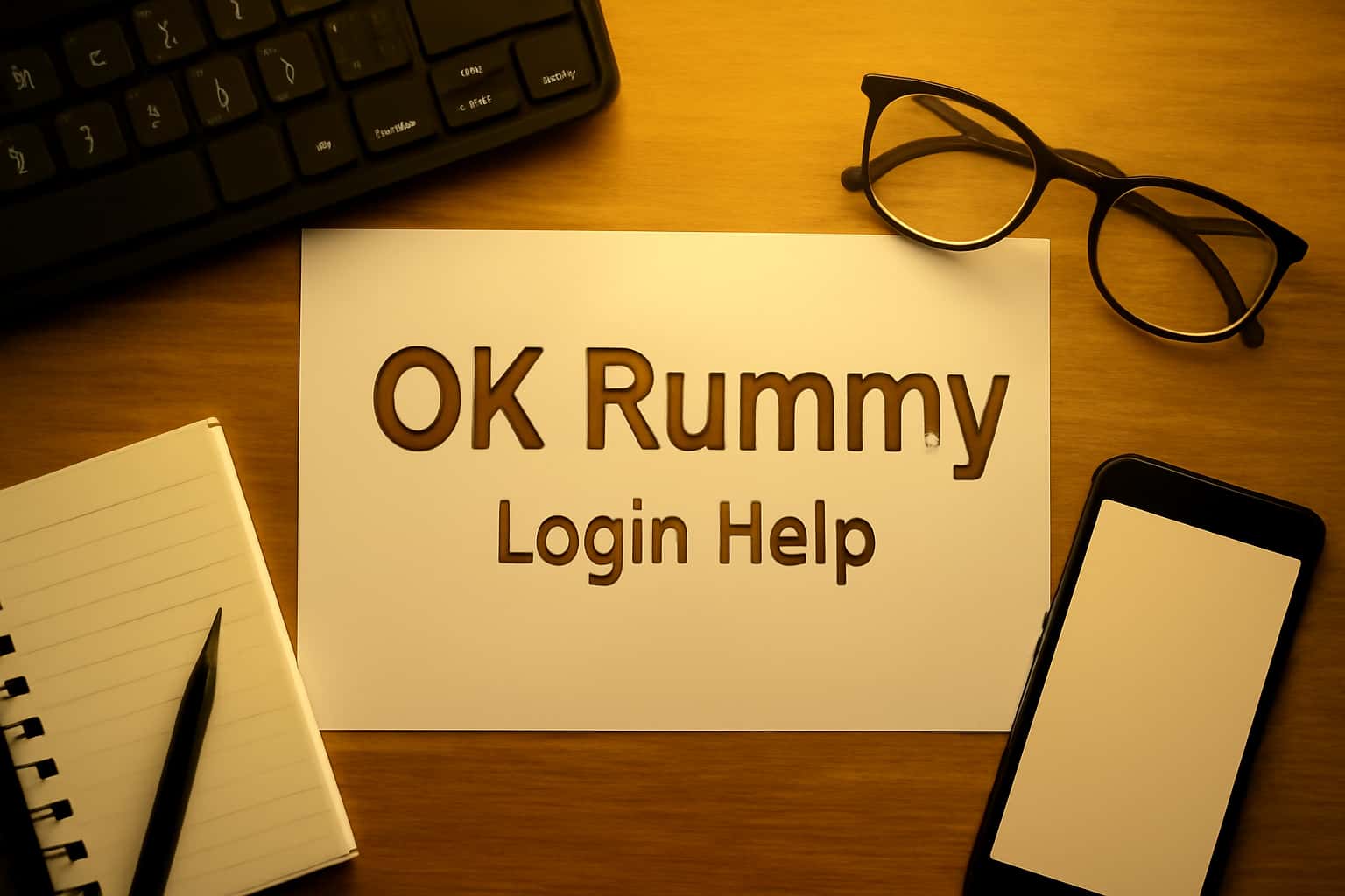 An informative scene depicting OK Rummy login assistance with the text prominently displayed.