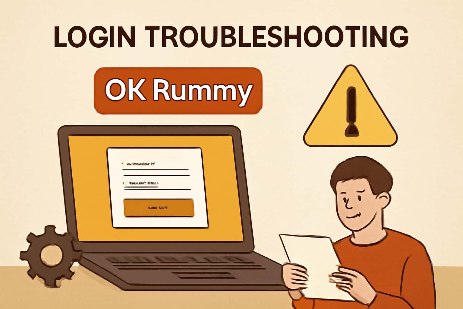 An informative scene depicting troubleshooting steps for Login OK Rummy.